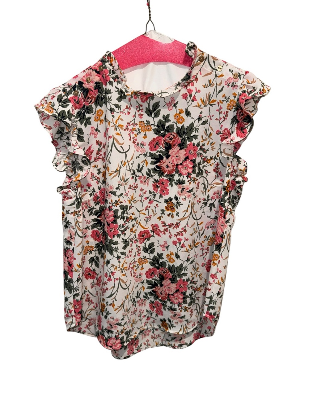 LOFT Floral Ruffle Sleeve Blouse - Pink, White & Green